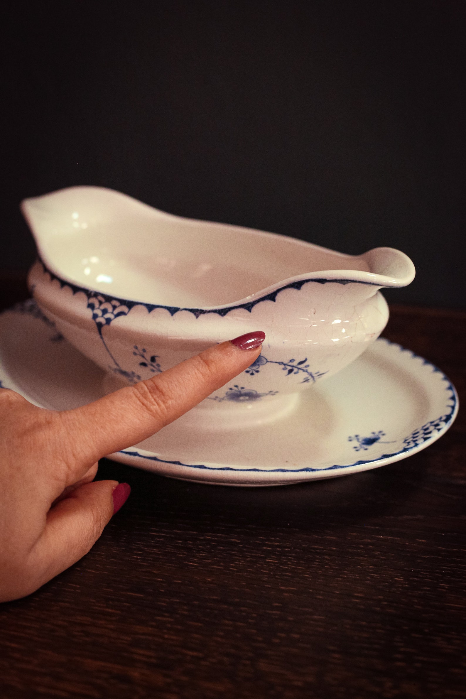 Blue Fluted Gravy Bowl With Attached Plate Furnival Antique Etsy