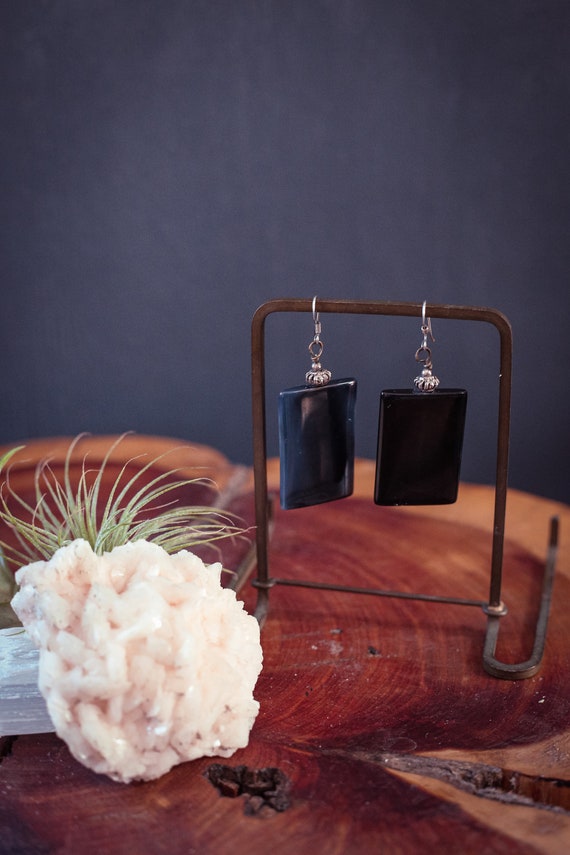 Silver & Black Psilomelane Earrings - Vintage Bla… - image 2