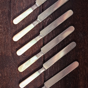 Set mit 6 Silbernen Perlmutt Buttermessern - Vintage MOP Silber Obstmessern