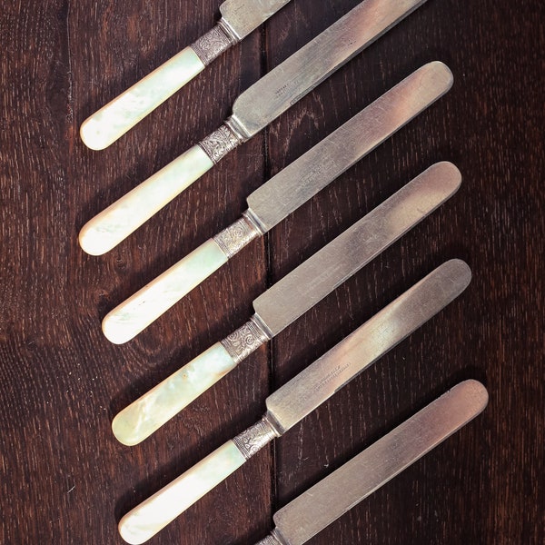 Set of 6 Silver Mother of Pearl Butter Knives - Vintage MOP Silver Fruit Knives