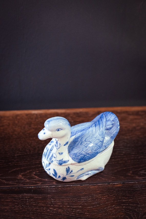 Blue White Ceramic Duck Covered Ring Dish - Vinta… - image 1