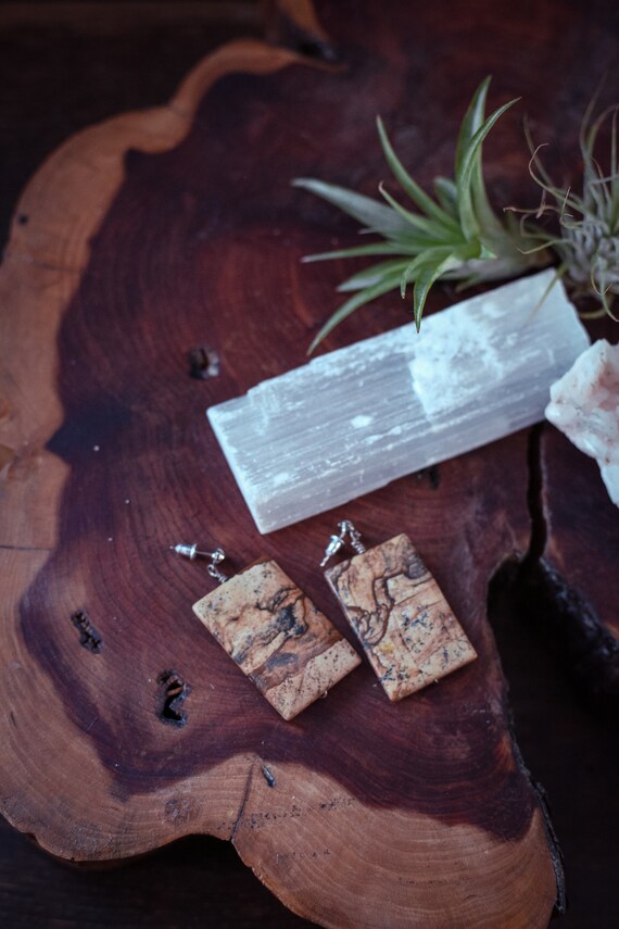 Picture Jasper Wire Wrap Rectangle Drop Earrings … - image 1