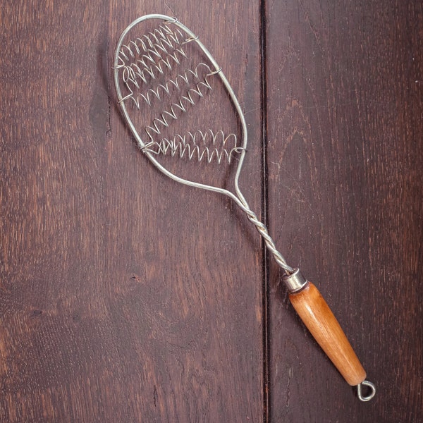 Coil Wire Whisk with Wood Handle Baking Utensil - Vintage Metal Spring Wooden Whisk Farmhouse Kitchen