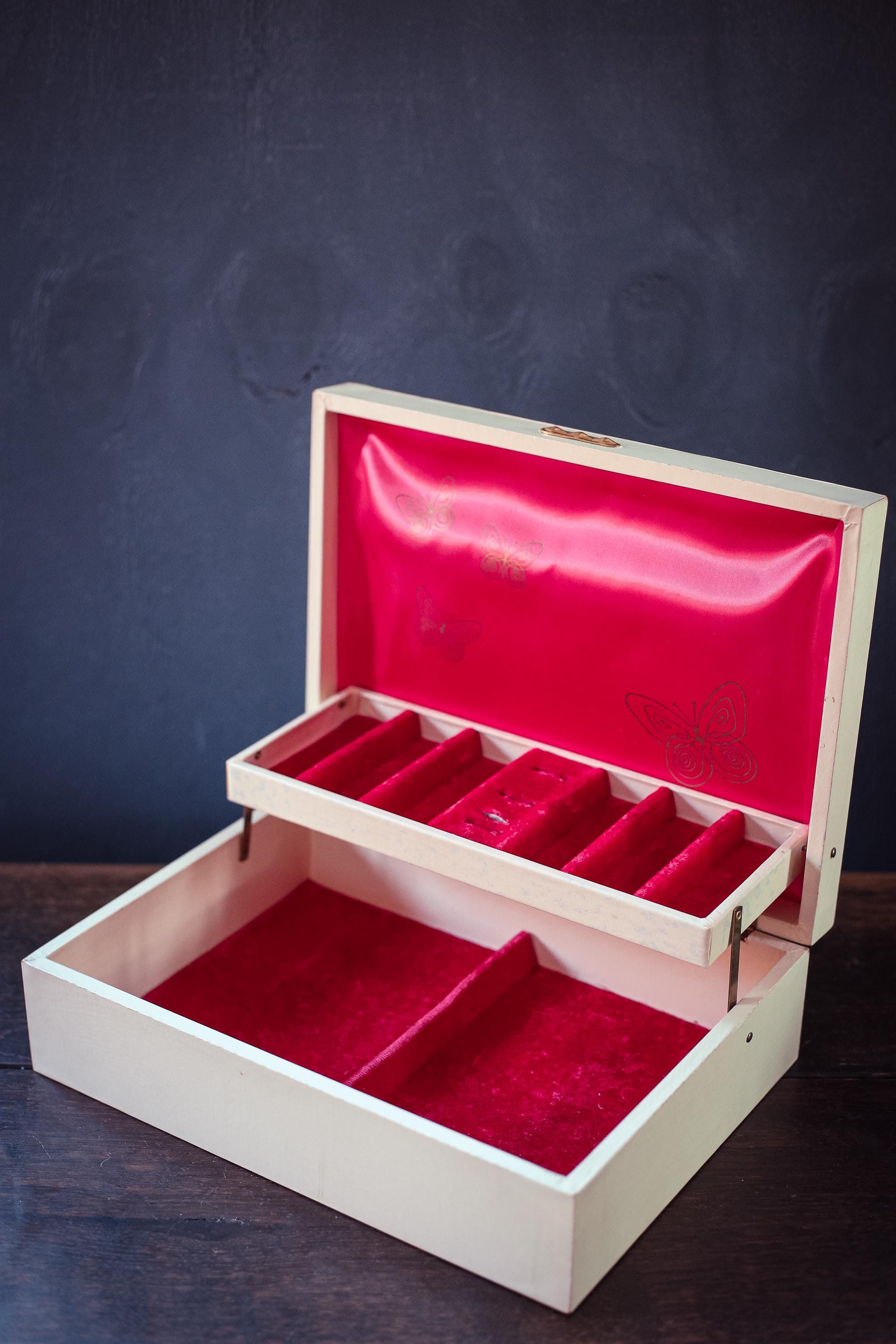 Jewelry Chest Red Satin and Velvet Lined with Gold Butterflies Details - Vintage Jewelry Case Two Tier