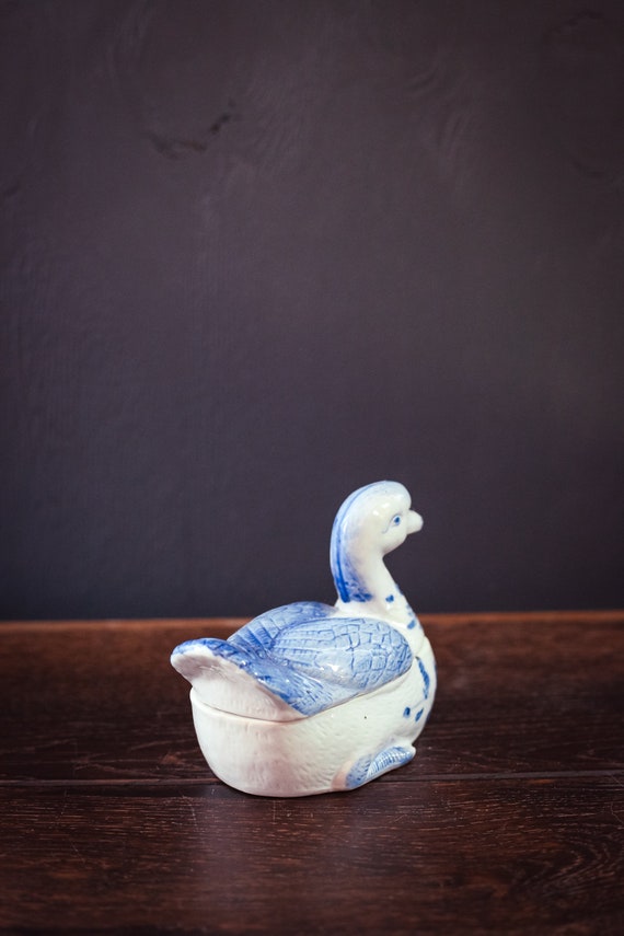 Blue White Ceramic Duck Covered Ring Dish - Vinta… - image 6