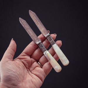 Pair of 2 Mother of Pearl and Silver Fruit Knives Meridien Cutlery 1855 - Vintage Silverware