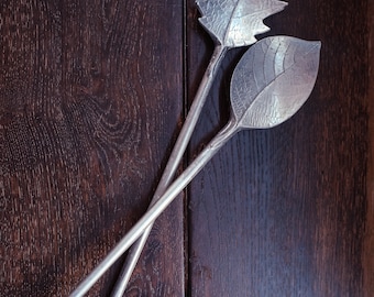 Pair of Leaf Shaped Metal Salad Servers - Vintage Mariposa 1992 Recycled Aluminum Serving Utensils