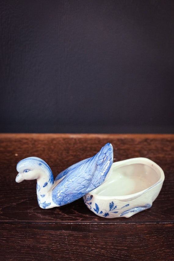 Blue White Ceramic Duck Covered Ring Dish - Vinta… - image 2