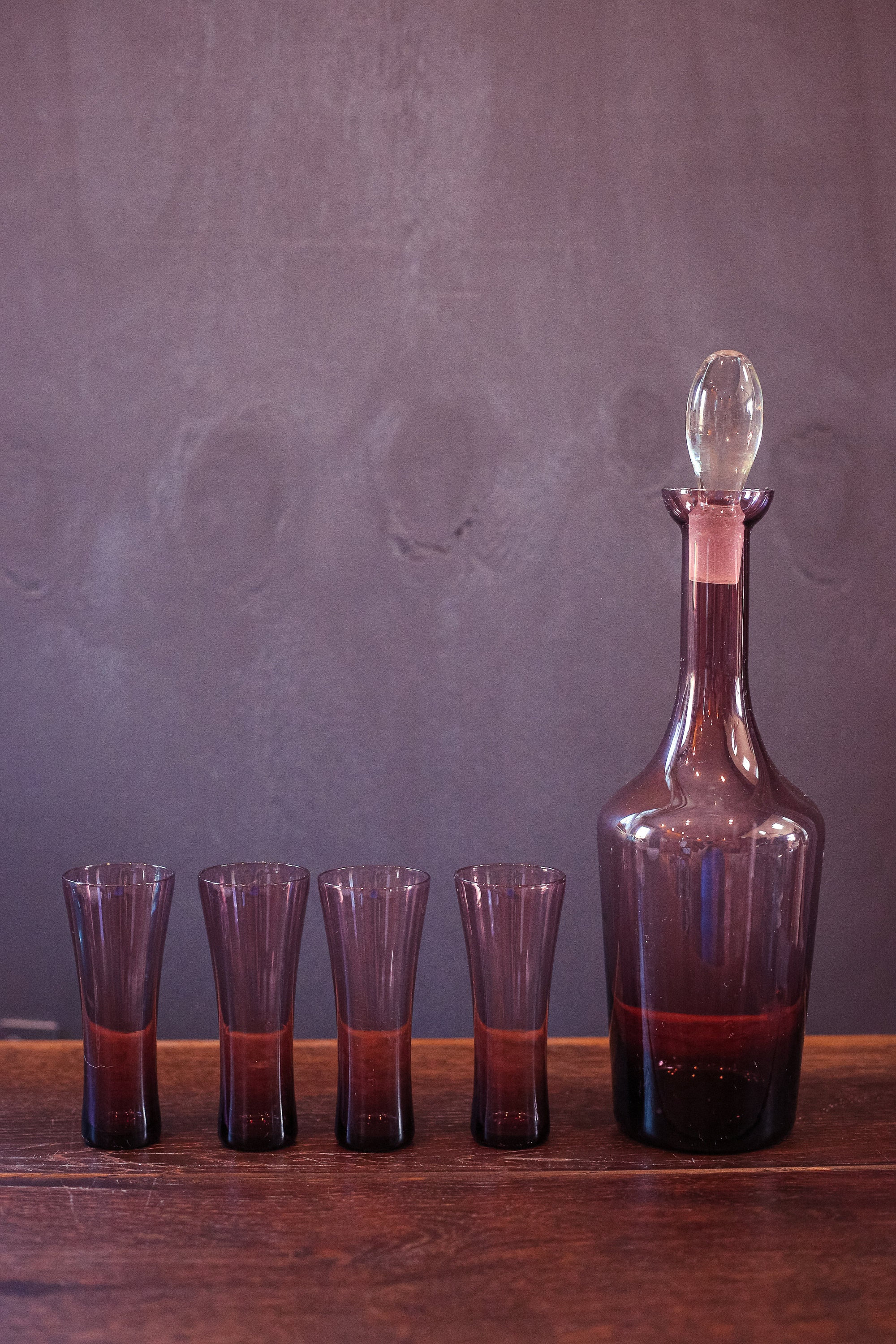 Amethyst Glass Decanter and Shot Glasses - Vintage Midcentury