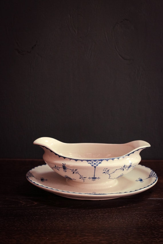 Blue Fluted Gravy Bowl With Attached Plate Furnival Antique Etsy