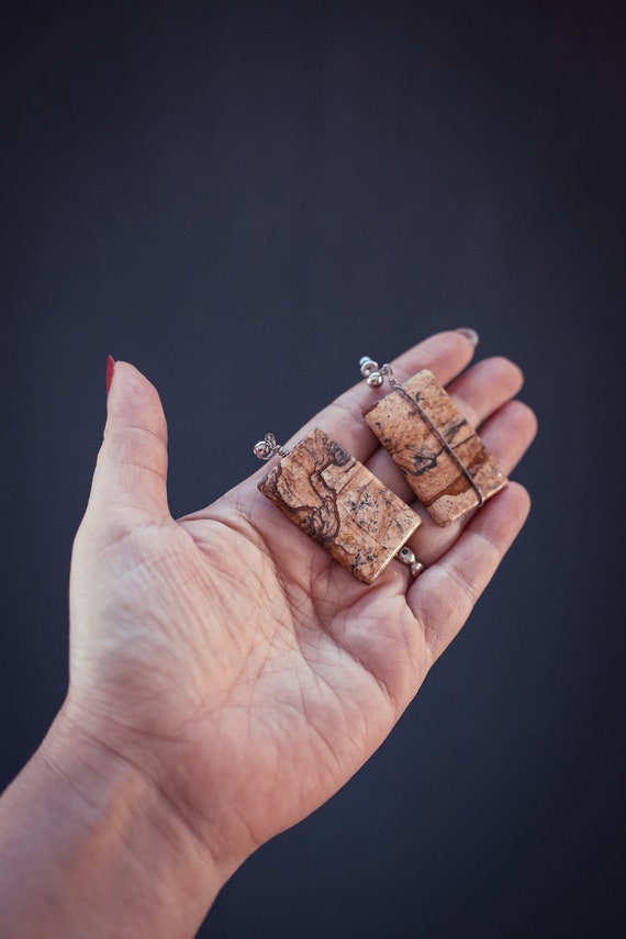Picture Jasper Wire Wrap Rectangle Drop Earrings … - image 3
