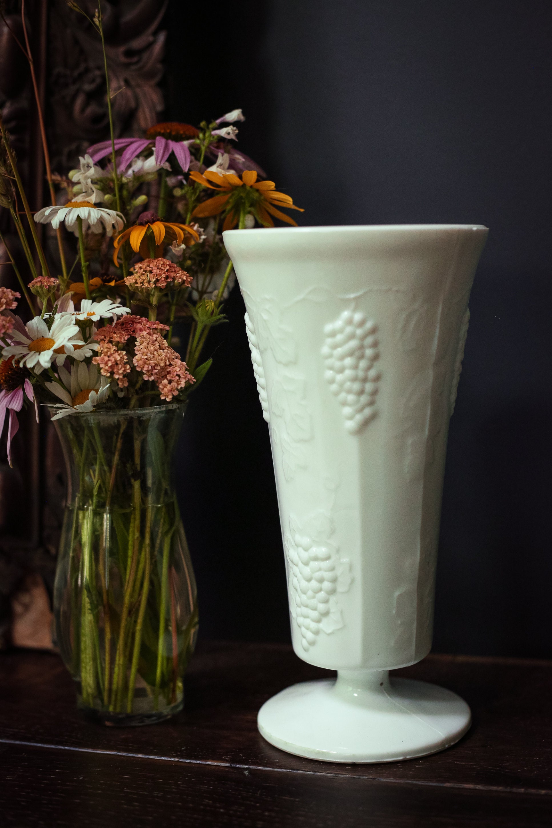 Milk Glass Depression Glass Vase with Grape Clusters & Leaves Etsy