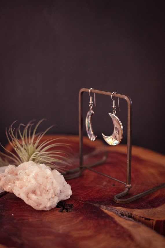 Alpaca Silver Crescent Moon Abalone Earrings Vintag… Gem