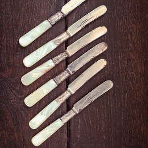 Set of 6 Small Mother of Pearl Handle Butter Knives  - Vintage MOP Silver Fruit Knife Set *As Is see description*