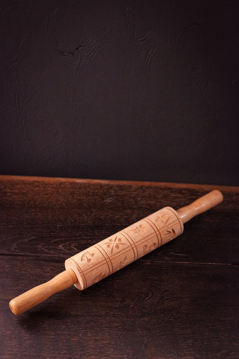 Vintage Wood Rolling Pin with Carved Designs Cookie Rolling Etsy