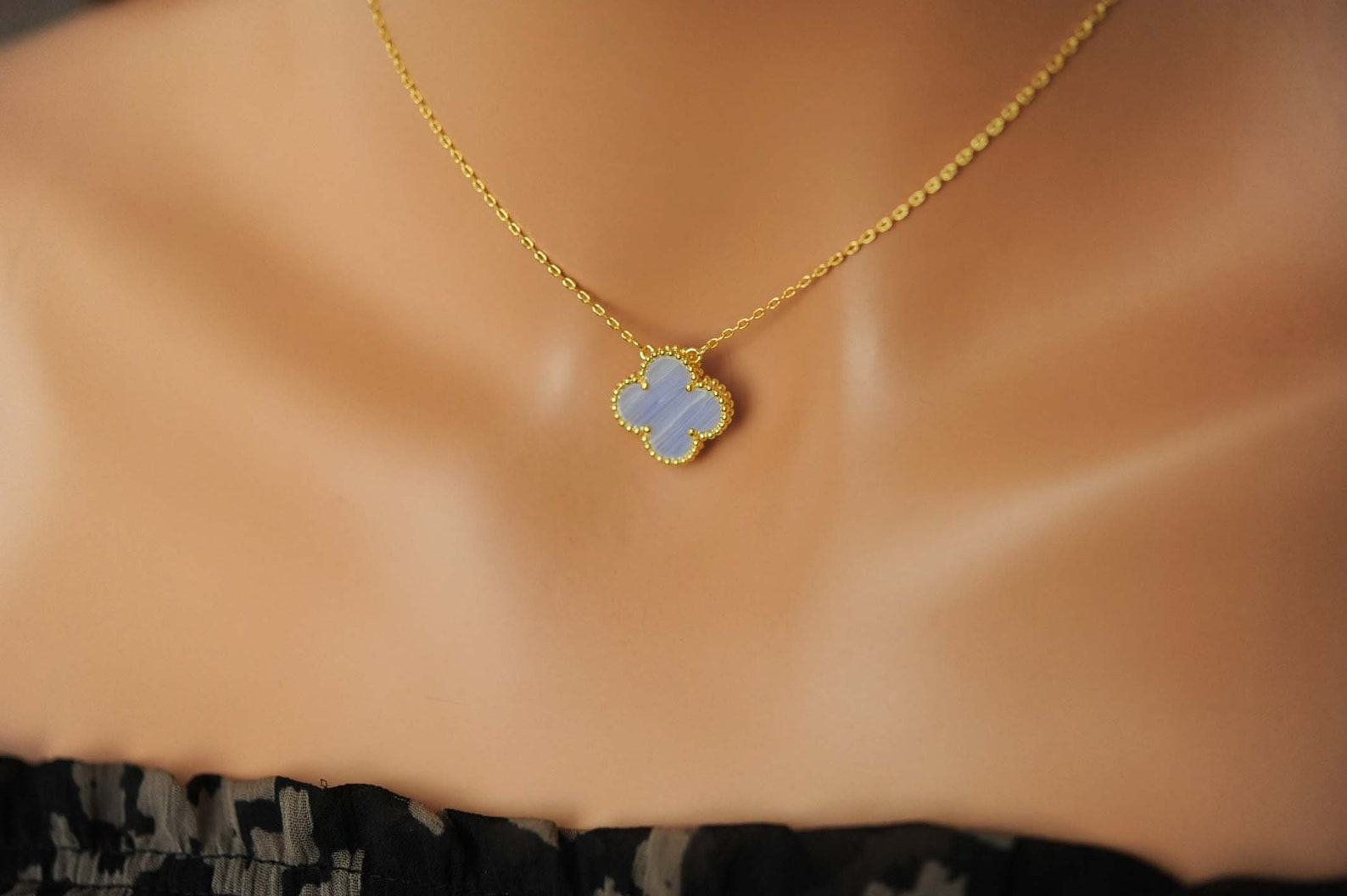 Clover Necklace Blue Lace Agate Four Leaf Pendant Gold Etsy