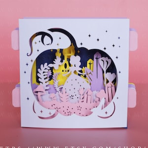 Cartão pop-up 3D de princesa e história de fadas, vale-presente, cartão de túnel, lightbox de corte de papel, modelos de silhueta Cricut, modelo de lightbox de papel 3D