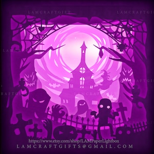 Happy Halloween 3d paper cutting lightbox template, halloween shadow box silhouette, halloween night light decoration