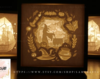 Glücklich Halloween 3d Papier schneiden Leuchtkasten Vorlage, Halloween-Schatten-Box-Silhouette, Halloween Nacht Licht Dekoration