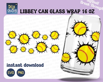 Softball Break Through SVG, Softball SVG, Sport Can Glass Wrap Svg, Full Wrap Libbey 16oz Cricut Cut File Svg, Png, instant download