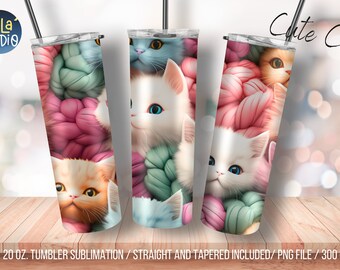 Cute Cat and knitting yarn 20 oz Skinny Tumbler Sublimation Design, Instant Digital Download PNG, Straight & Tapered Tumbler Wrap