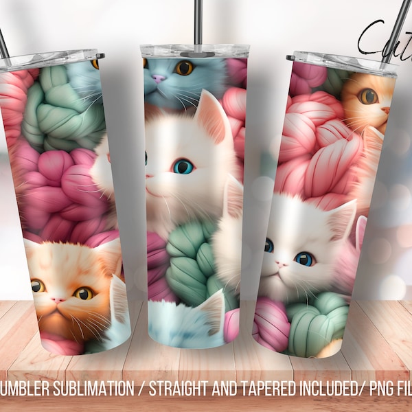 Chat mignon et fil à tricoter 20 oz Skinny Tumbler Sublimation Design, Téléchargement numérique instantané PNG, Straight & Tapered Tumbler Wrap