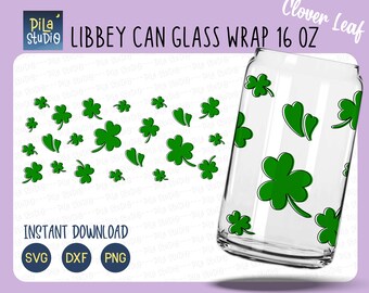 St. Patrick's Day Clover Leaf Can Glass svg, Full Wrap Libbey 16oz Cricut Cut File Svg, Lucky Shamrock svg, Png, Dxf, instant download