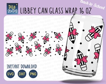 Back to school can glass svg, Kawaii pencil Svg, Teacher Can Glass Full Wrap Libbey 16oz Cricut Cut File Svg, Png, Dxf, instant download