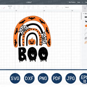 Puede incluir: Gr&aacute;fico con tem&aacute;tica de Halloween con un dise&ntilde;o de arco&iacute;ris con murci&eacute;lagos, telara&ntilde;as y una calabaza. La palabra "BOO" est&aacute; escrita en una fuente que gotea. Incluye iconos de tipo de archivo SVG, DXF, PNG, PDF, JPG, EPS y AI.