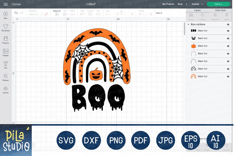 Puede incluir: Gr&aacute;fico con tem&aacute;tica de Halloween con un dise&ntilde;o de arco&iacute;ris con murci&eacute;lagos, telara&ntilde;as y una calabaza. La palabra "BOO" est&aacute; escrita en una fuente que gotea. Incluye iconos de tipo de archivo SVG, DXF, PNG, PDF, JPG, EPS y AI.