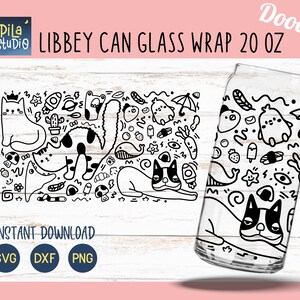 Doodle Katze und Hund Kanne Glas svg, Lustige französische Bulldogge DIY Full Wrap Libbey 20oz Cricut Cut File Svg, Pet Lover svg, Png, direkter Download