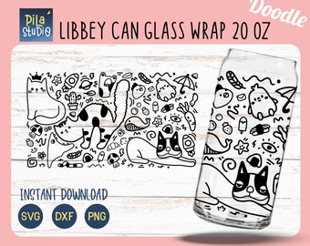 Doodle Cat and Dog Can Glass svg, Funny French Bulldog DIY Full Wrap Libbey 20oz Cricut Cut File Svg, Pet Lover svg, Png, instant download