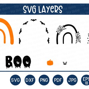 Puede incluir: Una colecci&oacute;n de capas SVG con tem&aacute;tica de Halloween, que incluye arcos iris, murci&eacute;lagos, telara&ntilde;as y la palabra "BOO" en una fuente que gotea. Tambi&eacute;n incluye una calabaza y una cara de Jack-o'-lantern. La imagen tiene el texto "SVG LAYERS" en la parte superior.