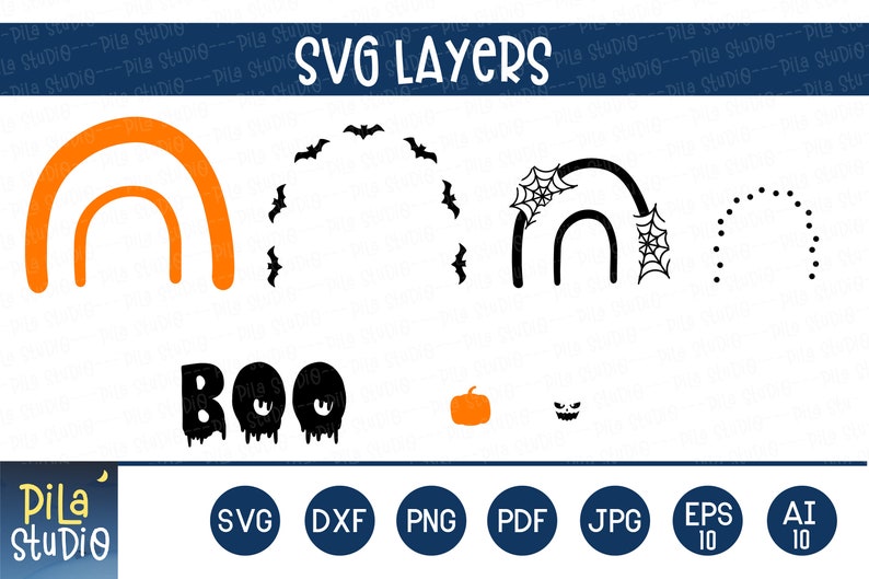 Puede incluir: Una colecci&oacute;n de capas SVG con tem&aacute;tica de Halloween, que incluye arcos iris, murci&eacute;lagos, telara&ntilde;as y la palabra "BOO" en una fuente que gotea. Tambi&eacute;n incluye una calabaza y una cara de Jack-o'-lantern. La imagen tiene el texto "SVG LAYERS" en la parte superior.