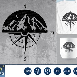 Mountains Trees Compass SVG File, mountain svg, Adventure SVG, mountains compass svg, Printable, sublimation, ai, eps, png, instant download