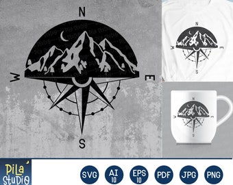 Mountains Trees Compass SVG File, mountain svg, Adventure SVG, bergen kompas svg, Afdrukbaar, sublimatie, ai, eps, png, instant download