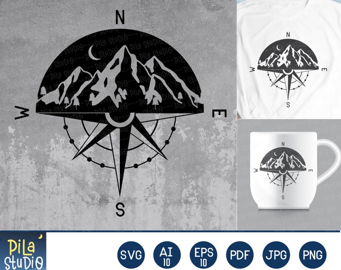 Compass Rv Decal Svg Compass and Mountains SVG, Traveler SVG, Cut File for Camper ...