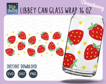 Strawberry Glass Wrap Svg, Summer Can Glass Full Wrap Libbey 16oz Cricut Cut File Svg, Png, Dxf, Strawberry Coffee glass svg, instant download