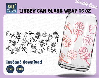 Rose SVG, Doodle Can Glass Wrap Svg, Valentine's Day SVG, Cute Heart Full Wrap Libbey 16oz Cricut Cut File Svg, Png, instant download