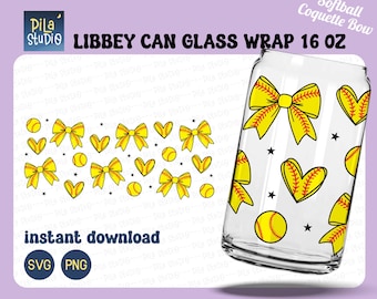 Softball Coquette Bow SVG, Valentine's Day SVG, Sport Can Glass Wrap Svg, Full Wrap Libbey 16oz Cricut Cut File Svg, Png, instant download