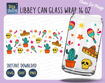 Cinco De Mayo Mexican Can Glass svg, Let's Fiesta Decal DIY Full Wrap Libbey 16oz Cricut Cut File Svg, Cactus Cup Png, Dxf, instant download