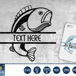 Könnte beinhalten: Schwarz-weiße Silhouette eines Fisches mit dem Text "TEXT HERE" darüber. Der Fisch ist nach rechts gerichtet und hat einen großen Mund. Das Bild ist auf einem grauen Hintergrund.