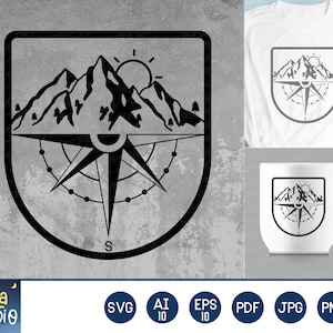 Mountains Trees Compass SVG File, mountain svg, Adventure SVG, mountains compass svg, Printable, sublimation, ai, eps, png, instant download