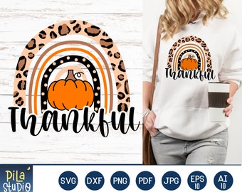Rainbow Pumpkin Svg, Thankful Rainbow svg, Thanksgiving Day Svg, Leopard Print SVG Cutting File, Imprimible, dxf, png, descarga instantánea