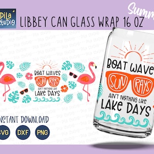 Boat Waves, Sun Rays, Lake days Glass Wrap Svg, Monstera Can Glass Full Wrap Libbey 16oz Cricut Cut File Svg, Png, Dxf, instant download