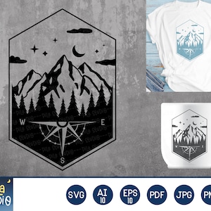 Mountains Trees Compass SVG File, mountain svg, Adventure SVG, mountains compass svg, Printable, sublimation, ai, eps, png, instant download