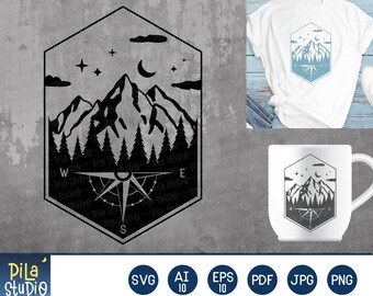 Mountains Trees Compass SVG File, mountain svg, Adventure SVG, bergen kompas svg, Afdrukbaar, sublimatie, ai, eps, png, instant download