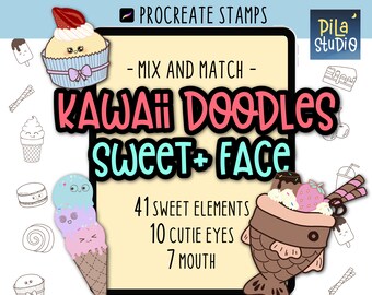 Procreate Brushes Stamps Kawaii Sweet & Cutie Face | 41 Doodle Elements and Cute Face Stamps | Ice cream, Bakery, Cup cake  | Doodle Stamps