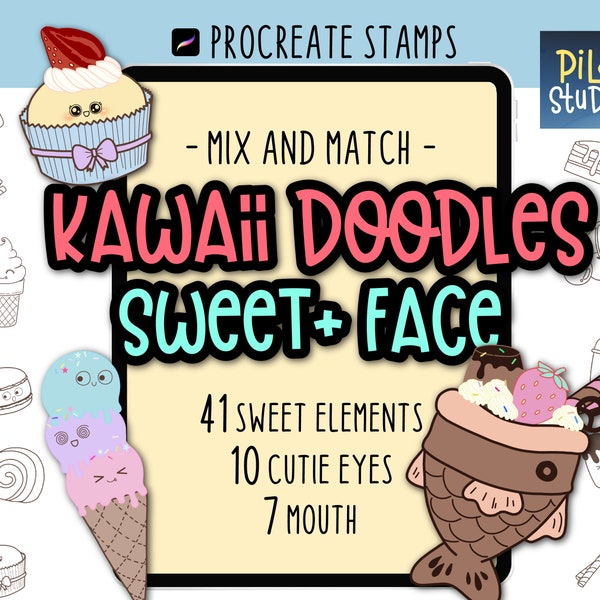 Procreate Brushes Stamps Kawaii Sweet & Cutie Face | 41 Doodle Elements and Cute Face Stamps | Ice cream, Bakery, Cup cake  | Doodle Stamps