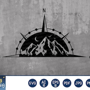 Mountains Trees Compass SVG File, mountain svg, Adventure SVG, mountains compass svg, Printable, sublimation, ai, eps, png, instant download